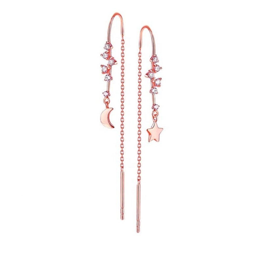 Moon Star Diamond 14K (or 18k upon request) Rose Gold Threader Earrings